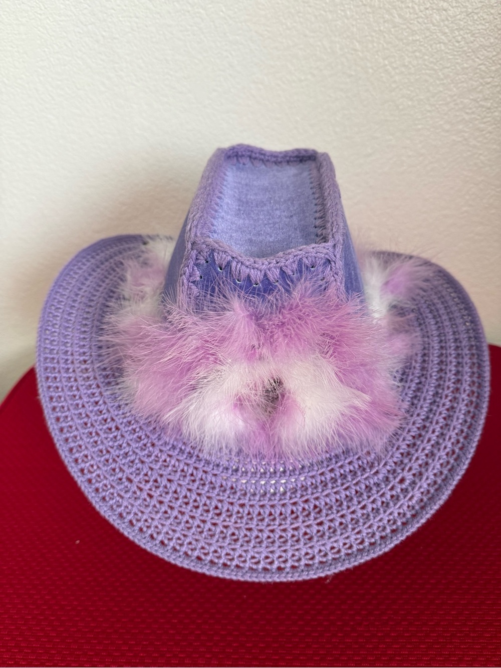 Purple Crochet Brim & High Velvet Crown Cowboy Hat with PurpleWhite Feather Trim